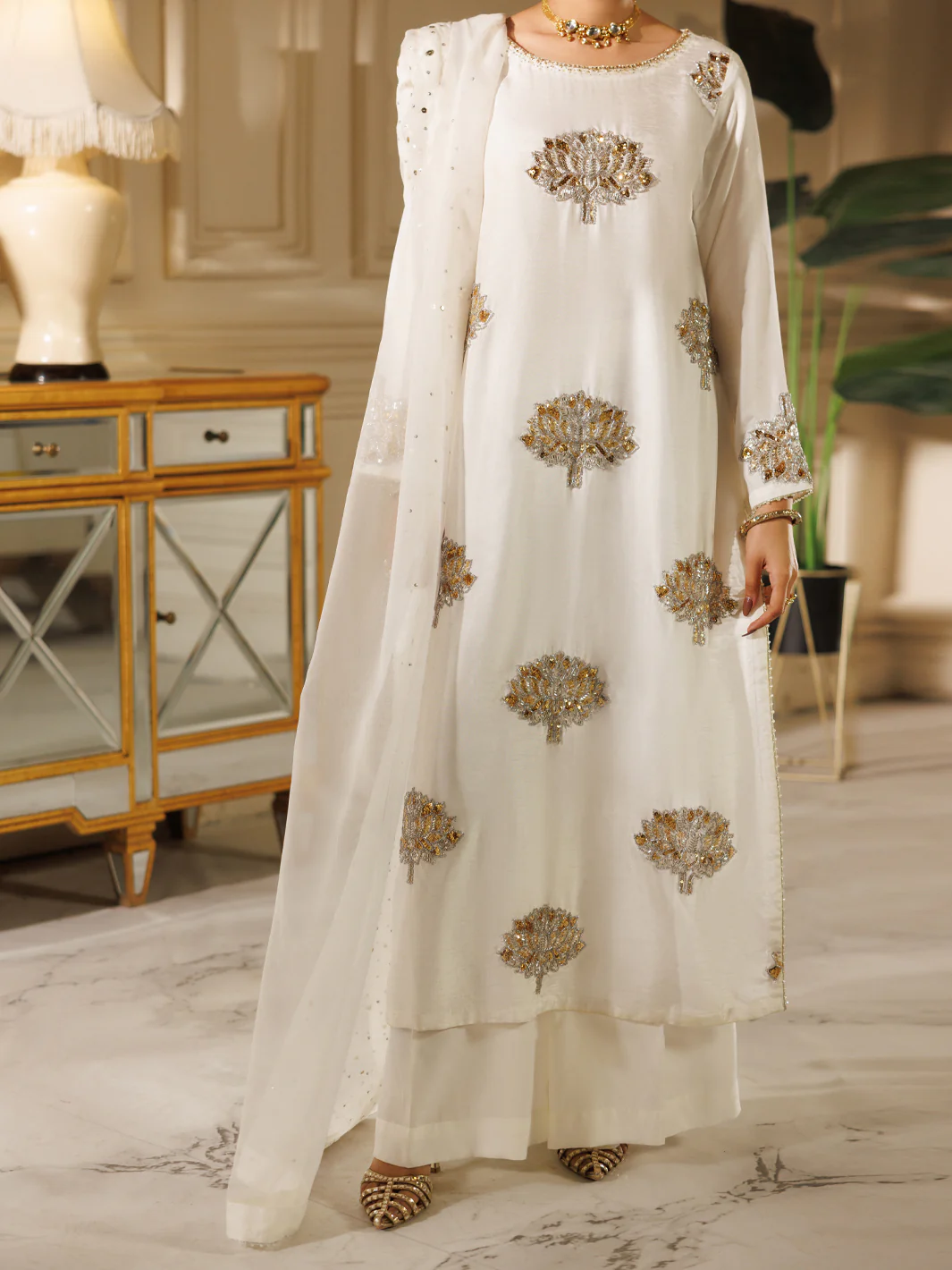 WHITE RAW SILK 3PC STITCHED | AL-3PS-LS-607/AM-3281A