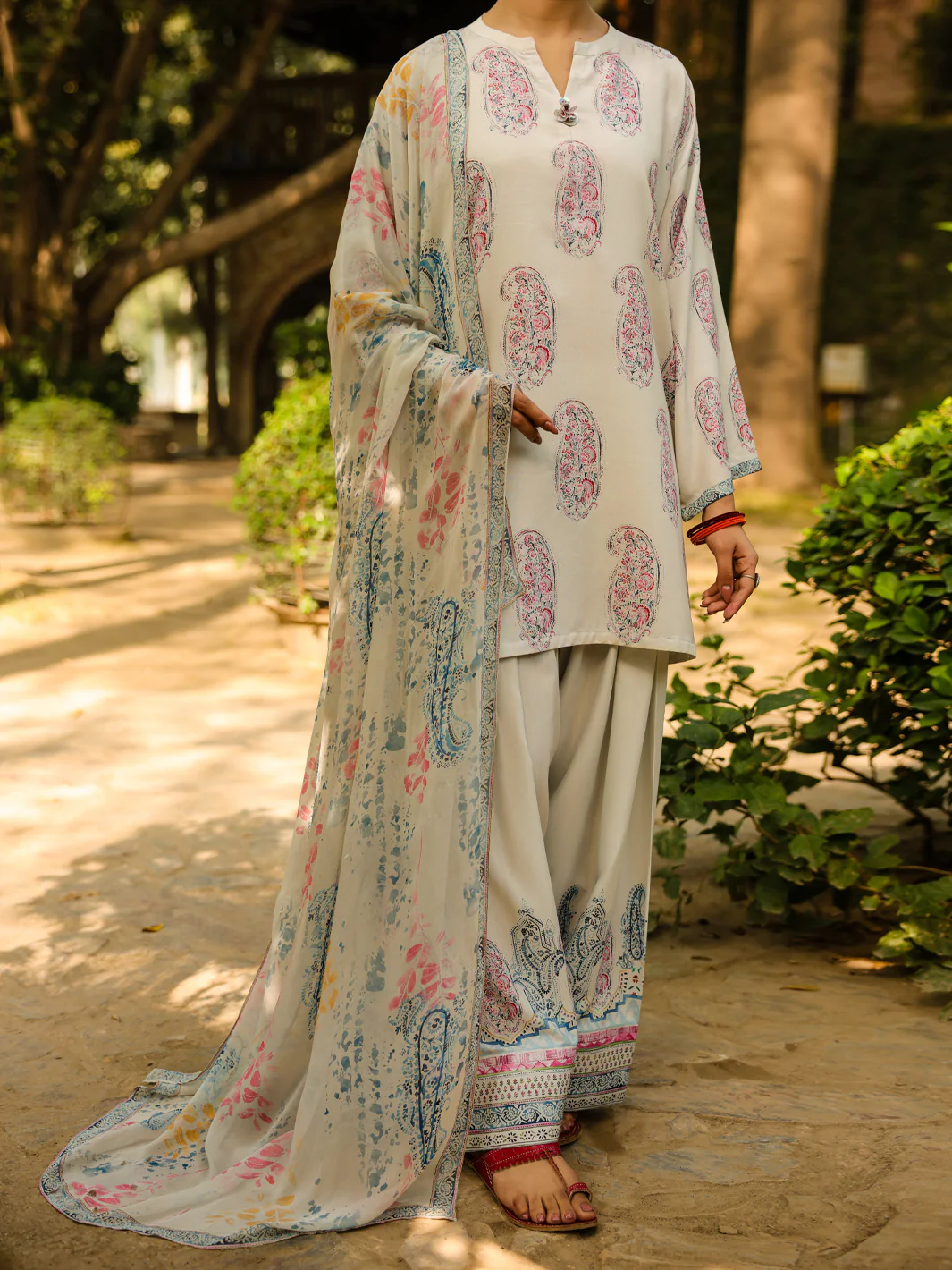 BEIGE POLY RAW SILK 3PC STITCHED | ALP-3PS-2303/S FB-2303A