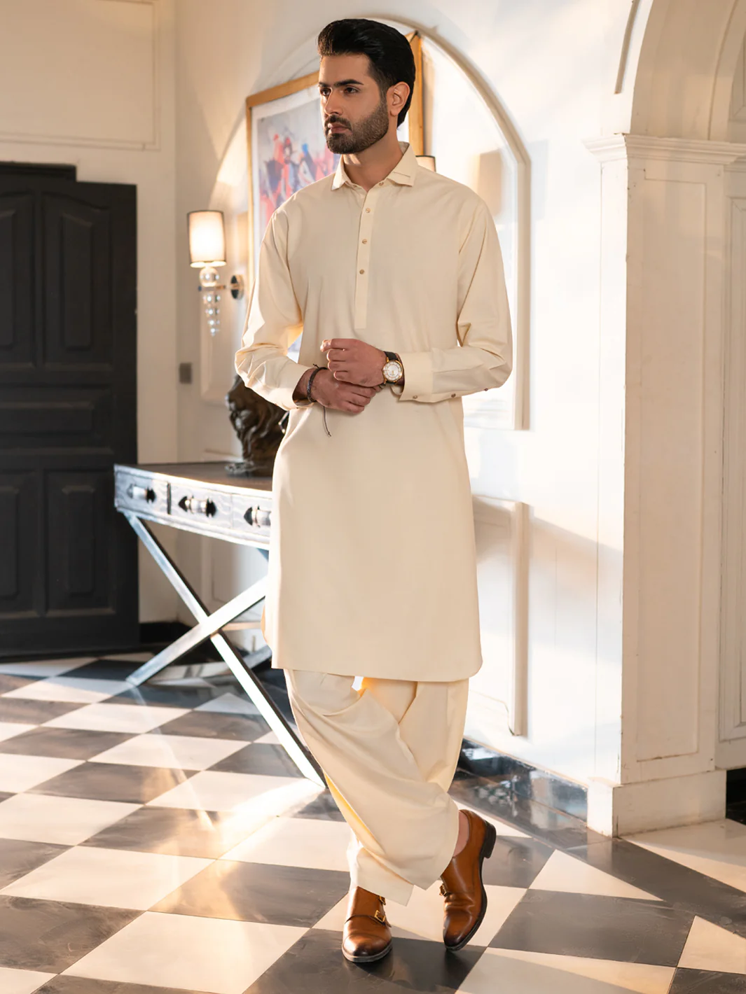 OFF WHITE BLENDED KAMEEZ SHALWAR | ALWA-KS-618/AM-15083B