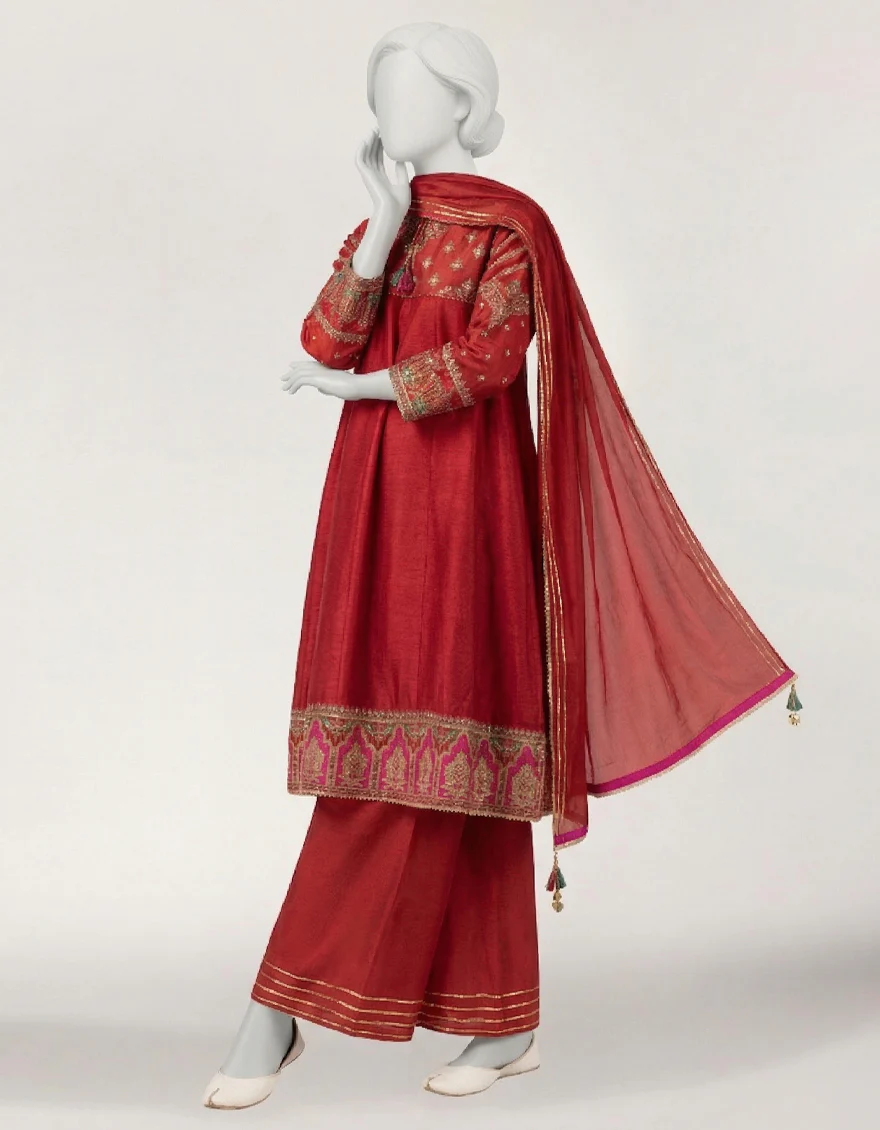 RED RAW SILK 3PC STITCHED | JGK-S-JTF-26-786 FB/RANG-E-ZARI-04 - Image 3