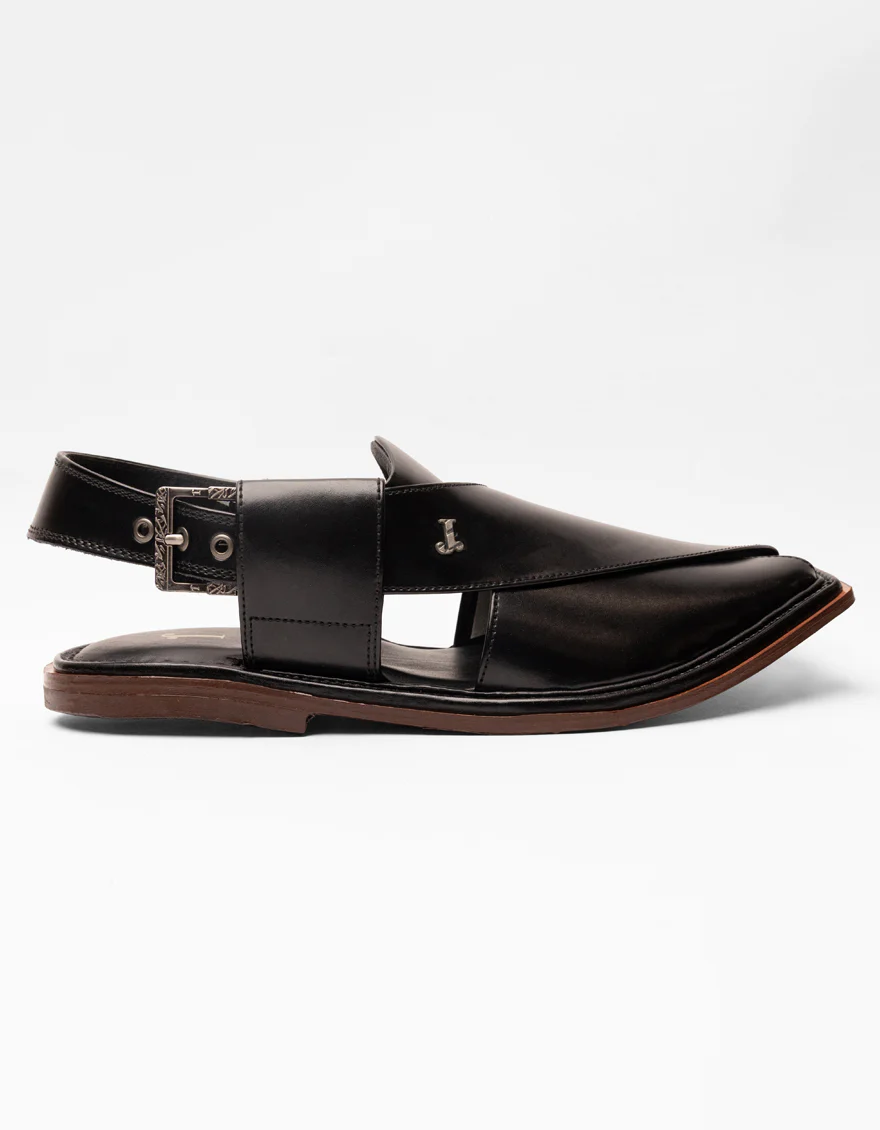 SHINY BLACK PLAIN PESHAWARI SANDALS | JJFW-JPC-11523/S26-ZU-PLN - Image 3