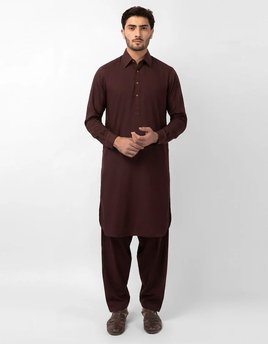MAROON BLENDED KAMEEZ SHALWAR | JJKS-A-48285-SIG/S25/JJ10119-EX