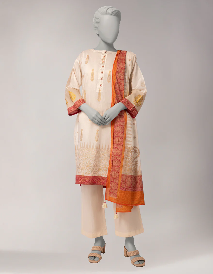OFF WHITE LAWN 3PC UNSTITCHED | JLAWN-S-26-1091 GOLD JAMDANI-3