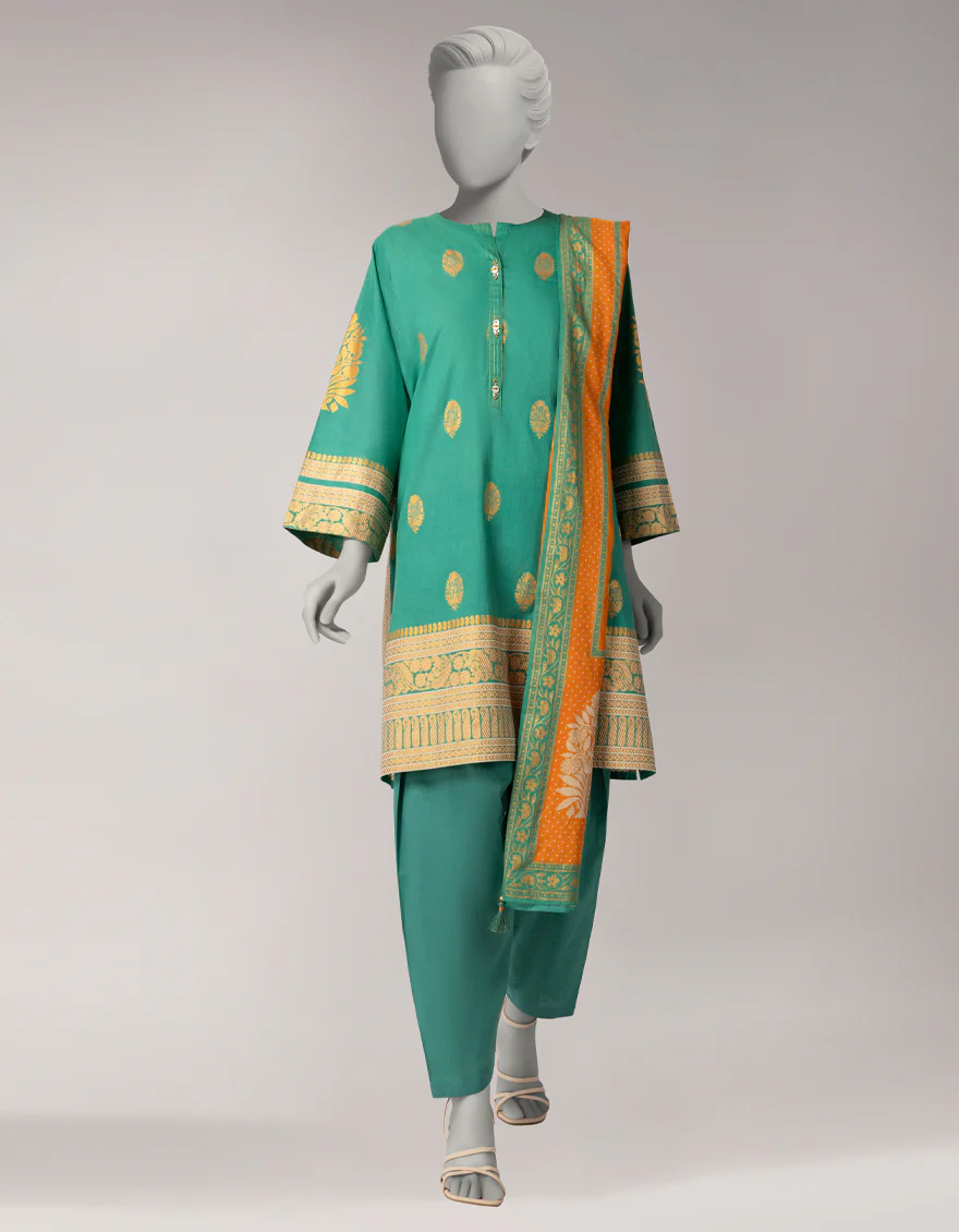 GREEN LAWN 3PC STITCHED | JLAWN-S-26-1093/S GOLD JAMDANI-05