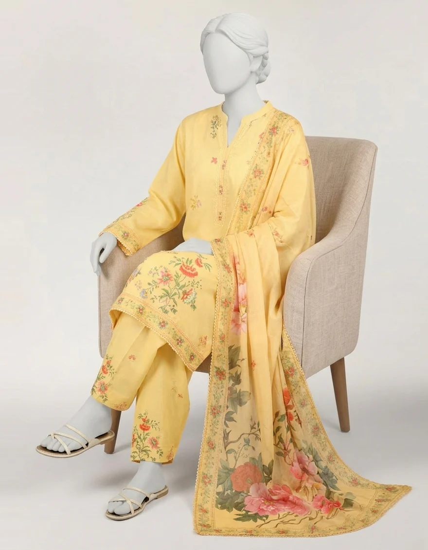 YELLOW DOBBY 3PC STITCHED | JLAWN-S-26-371/S BOTANICAL-4 - Image 2