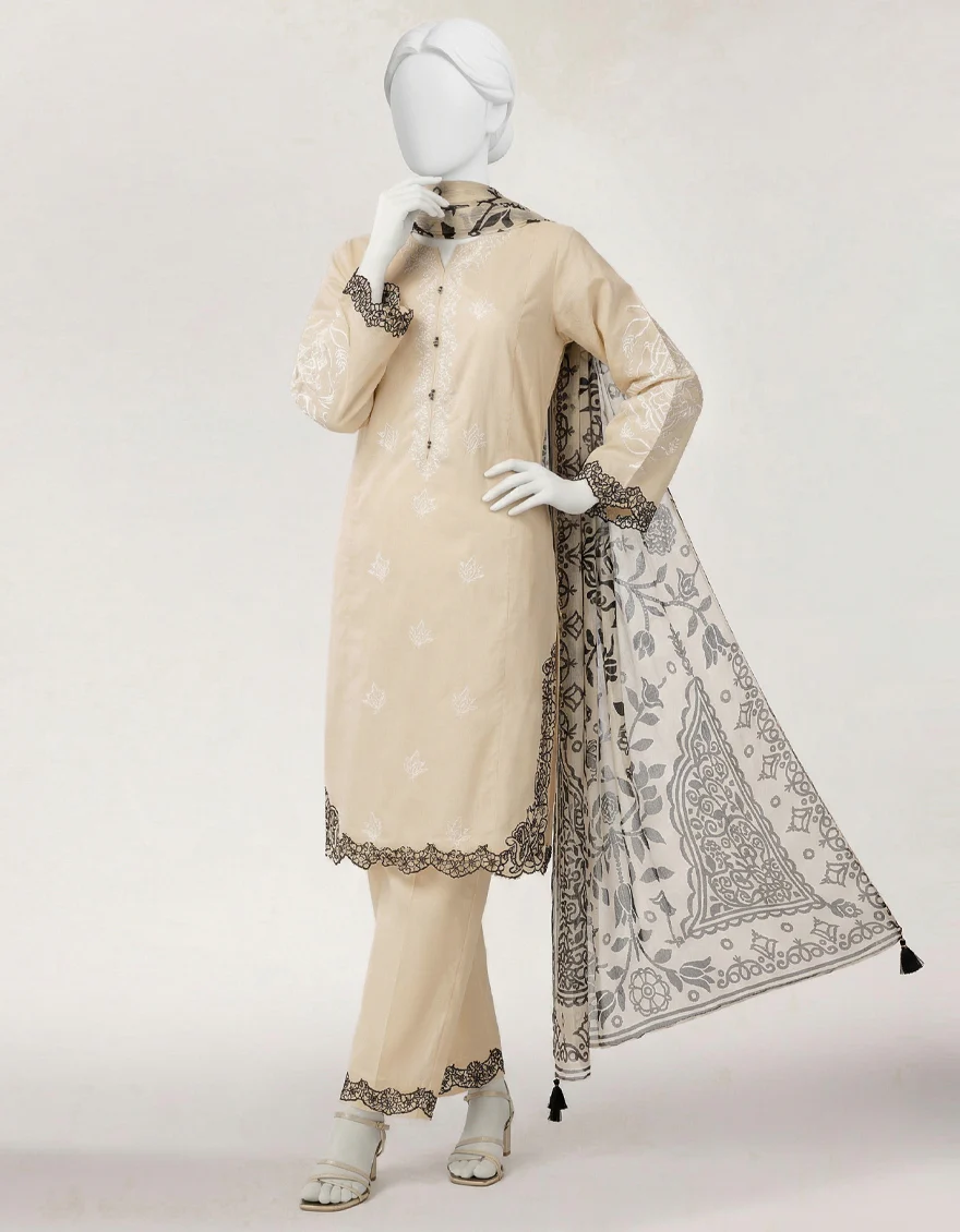 BEIGE LAWN 3PC STITCHED | JLAWN-S-26-474/S LASER BRIDGE-3