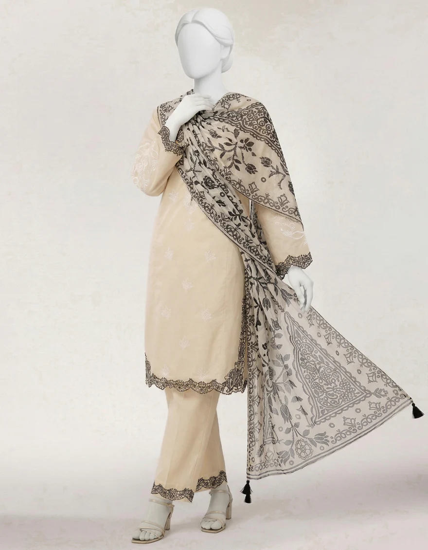 BEIGE LAWN 3PC STITCHED | JLAWN-S-26-474/S LASER BRIDGE-3 - Image 4