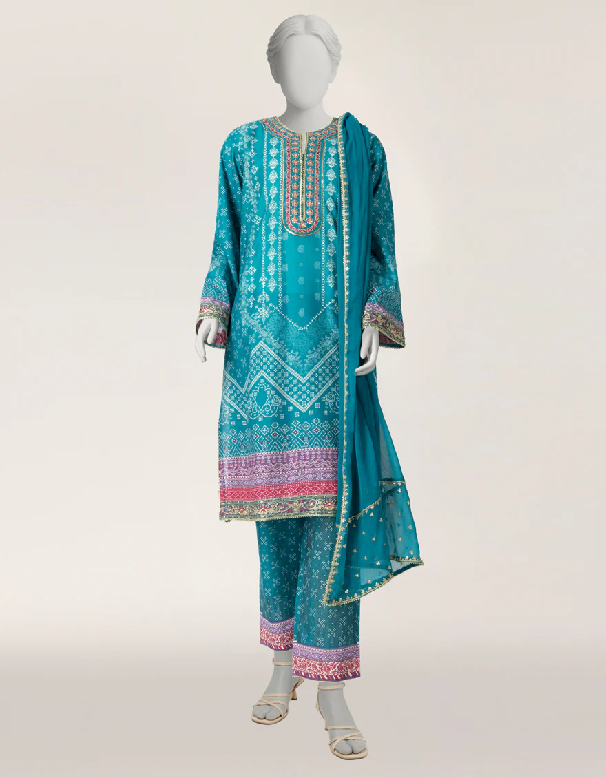 TEAL BLUE COTTON SILK 3PC STITCHED | JLAWN-S-26-552/S PRINT BLOCK-03