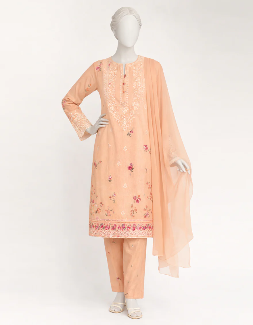 PEACH LAWN SILK 3PC STITCHED | JLAWN-S-26-574/S SCHIFFLI-A-3