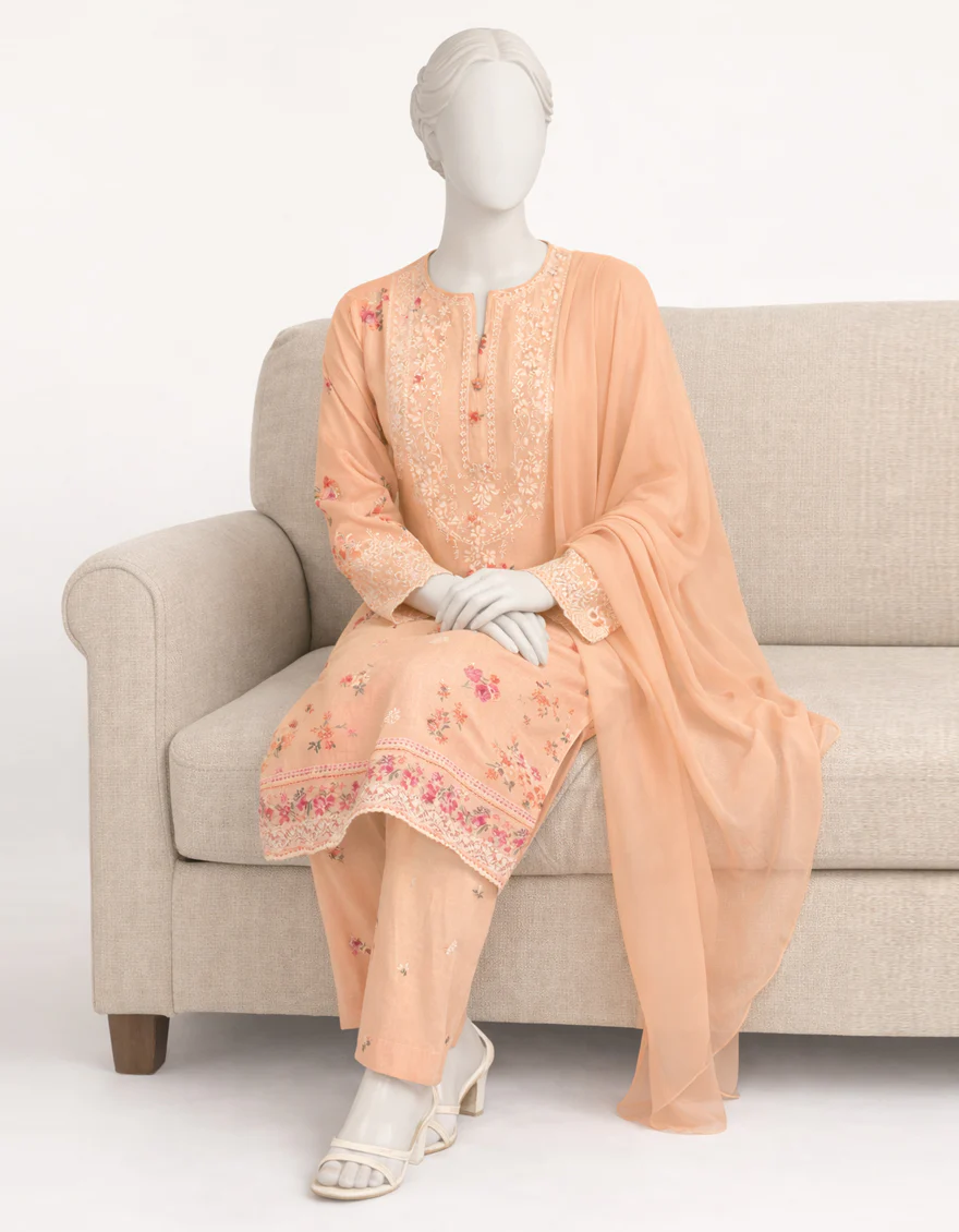 PEACH LAWN SILK 3PC STITCHED | JLAWN-S-26-574/S SCHIFFLI-A-3 - Image 3