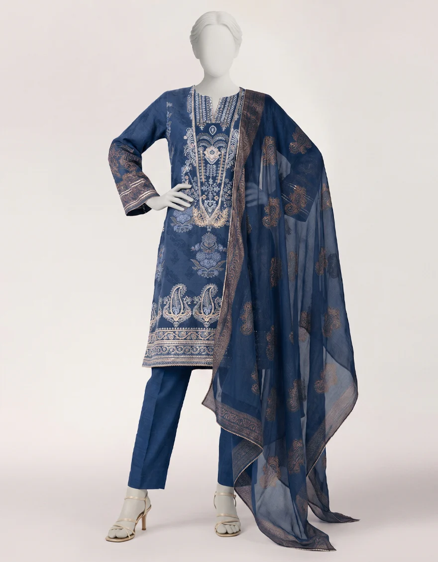 BLUE RAW SILK 3PC STITCHED | JLAWN-S-26-603/S BLING-03