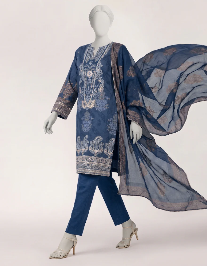 BLUE RAW SILK 3PC STITCHED | JLAWN-S-26-603/S BLING-03 - Image 6