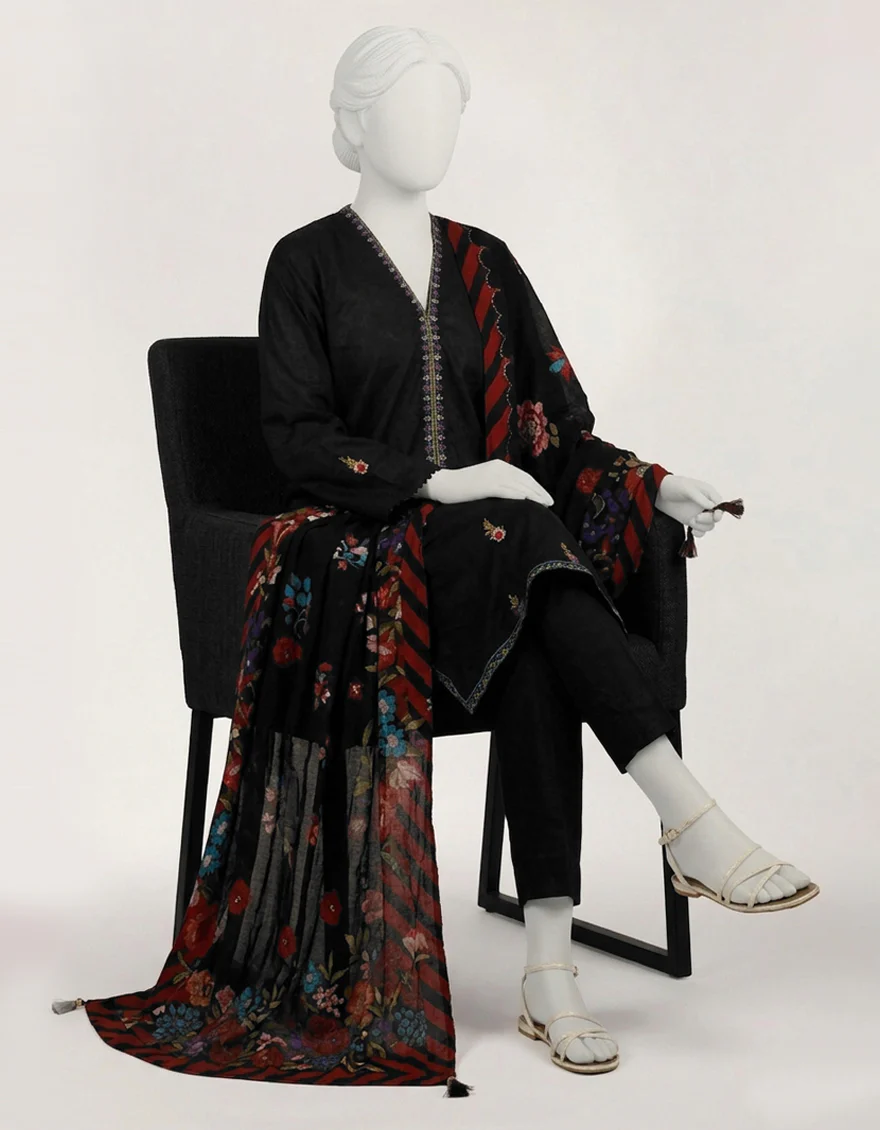 BLACK LAWN 3PC STITCHED | JLAWN-S-26-605/S POLISH-01