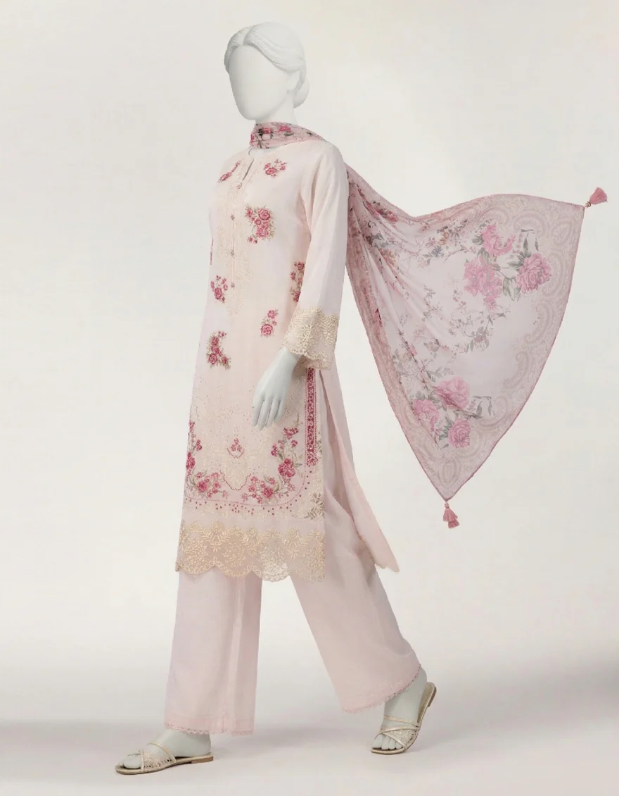 PINK LAWN 3PC STITCHED | JLAWN-S-26-633/S SCHIFFLI FLORAL-C-01