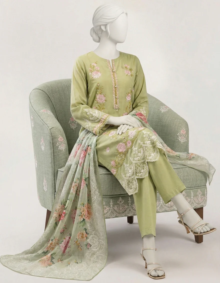 GREEN LAWN 3PC STITCHED | JLAWN-S-26-634/S SCHIFFLI FLORAL-02