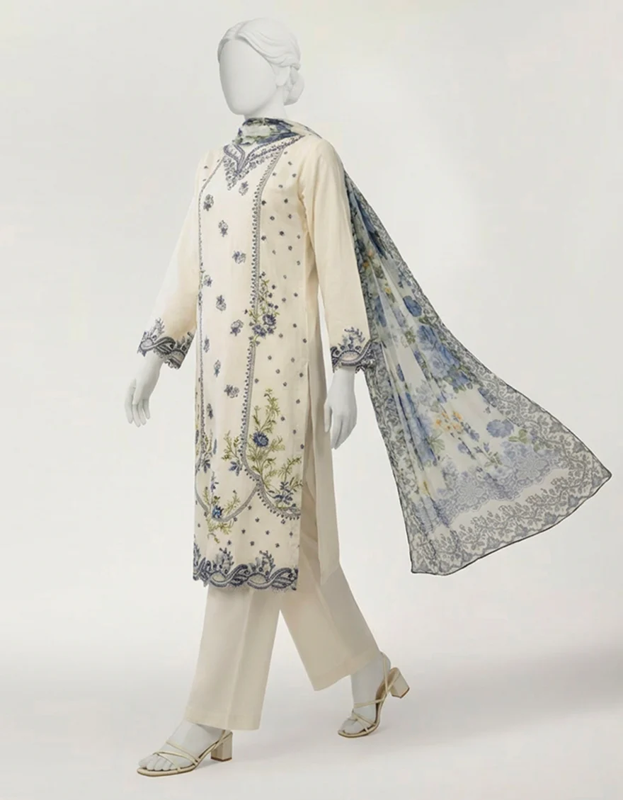 WHITE LAWN 3PC STITCHED | JLAWN-S-26-636/S SCHIFFLI FLORAL-C-04 - Image 2