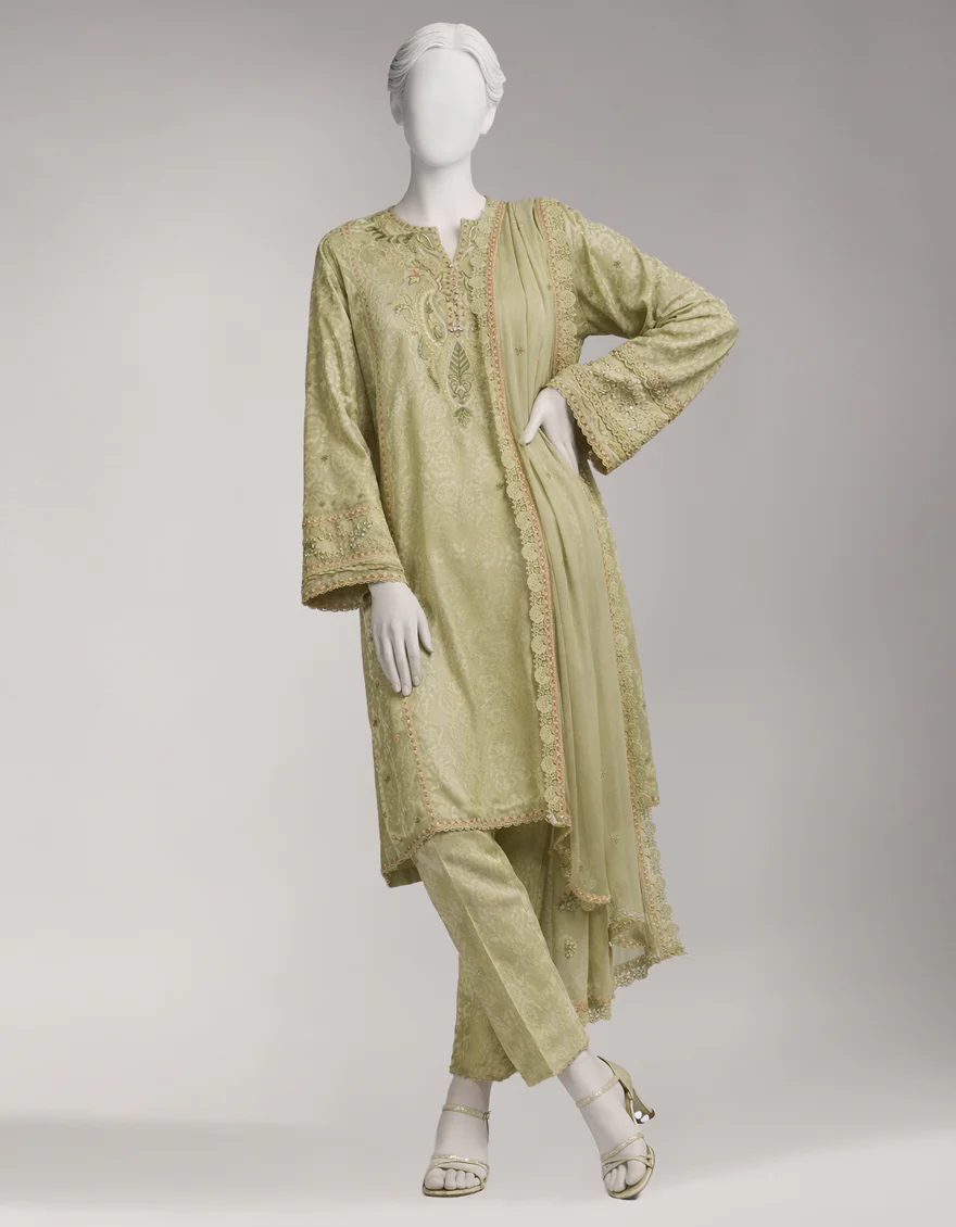 GREEN JACQUARD 3PC UNSTITCHED | JLU-S-26-4069 ETHNIC KASHMIRI-3 - Image 4
